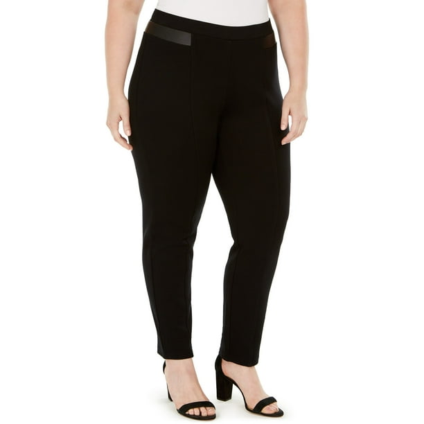 JM Collection Women/'s Faux-Leather-Trim Ponte-Knit Pants Deep Black Size Large